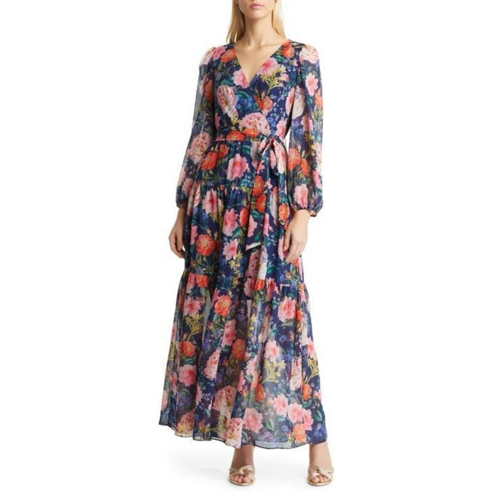 Eliza J Chiffon Chiffon Floral-Print Faux-Wrap Tiered Maxi Dress NEW Size 4 Blue - Picture 11 of 12